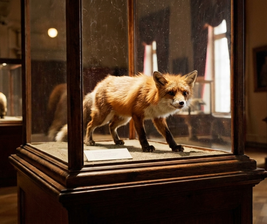 Taxidermied red fox in a glass display case